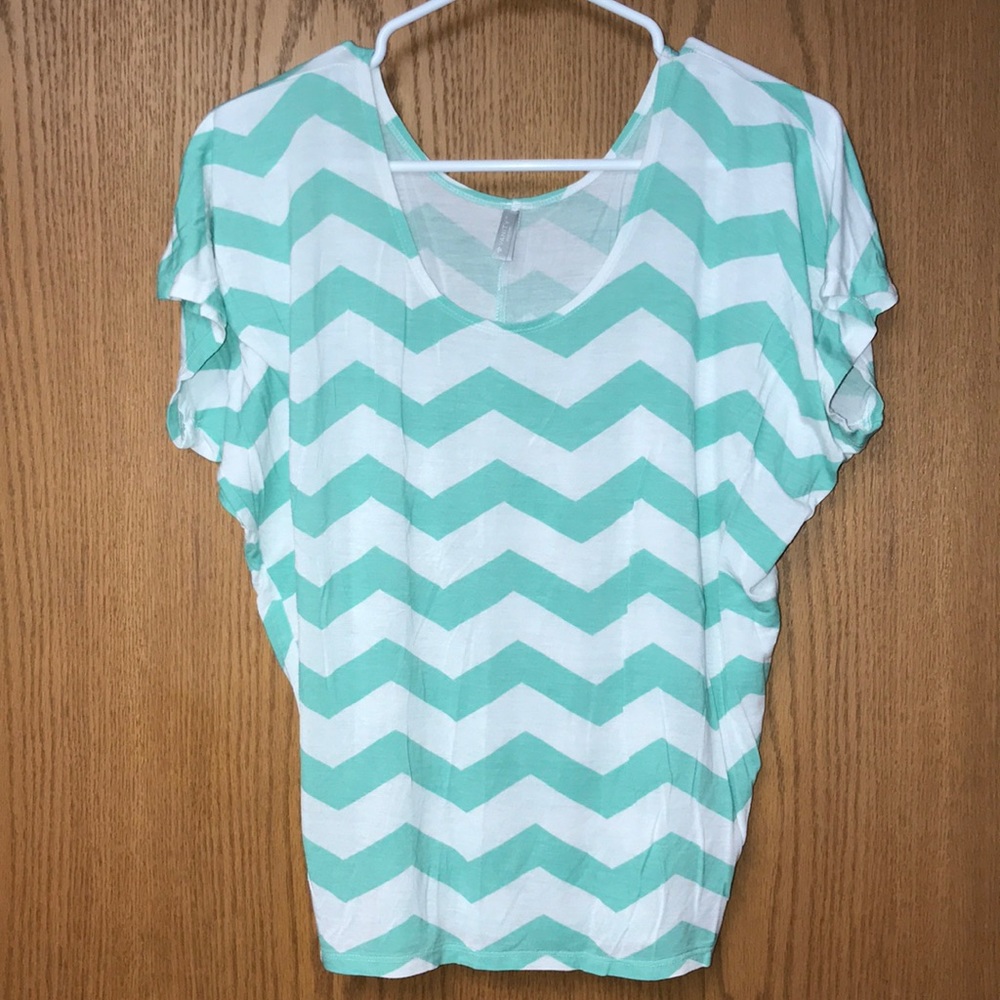 AQUA BLUE AND WHITE CHEVRON TOP BLOUSE